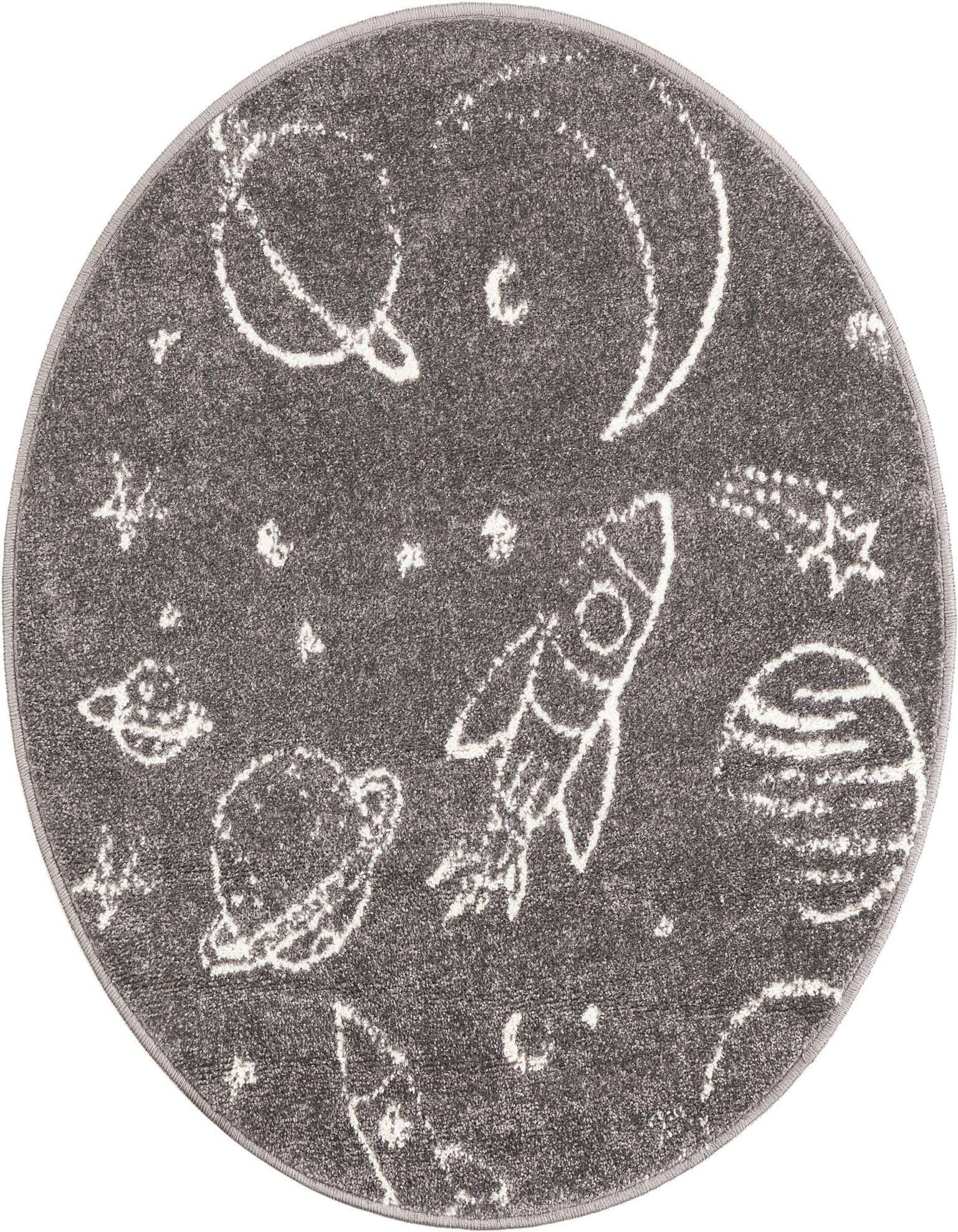 A round gray rug with a white space-themed pattern, featuring rockets, planets, moons, and stars, perfect for a child's room.