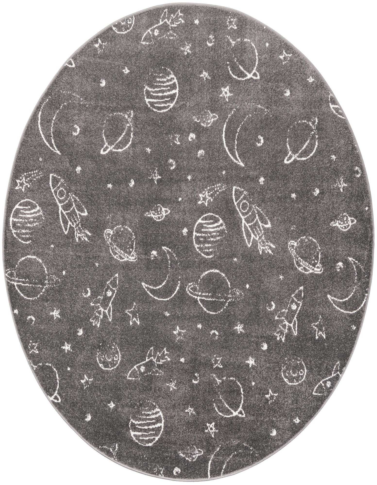A round gray rug with white outline drawings of rockets, planets, moons, and stars, perfect for a child's room.