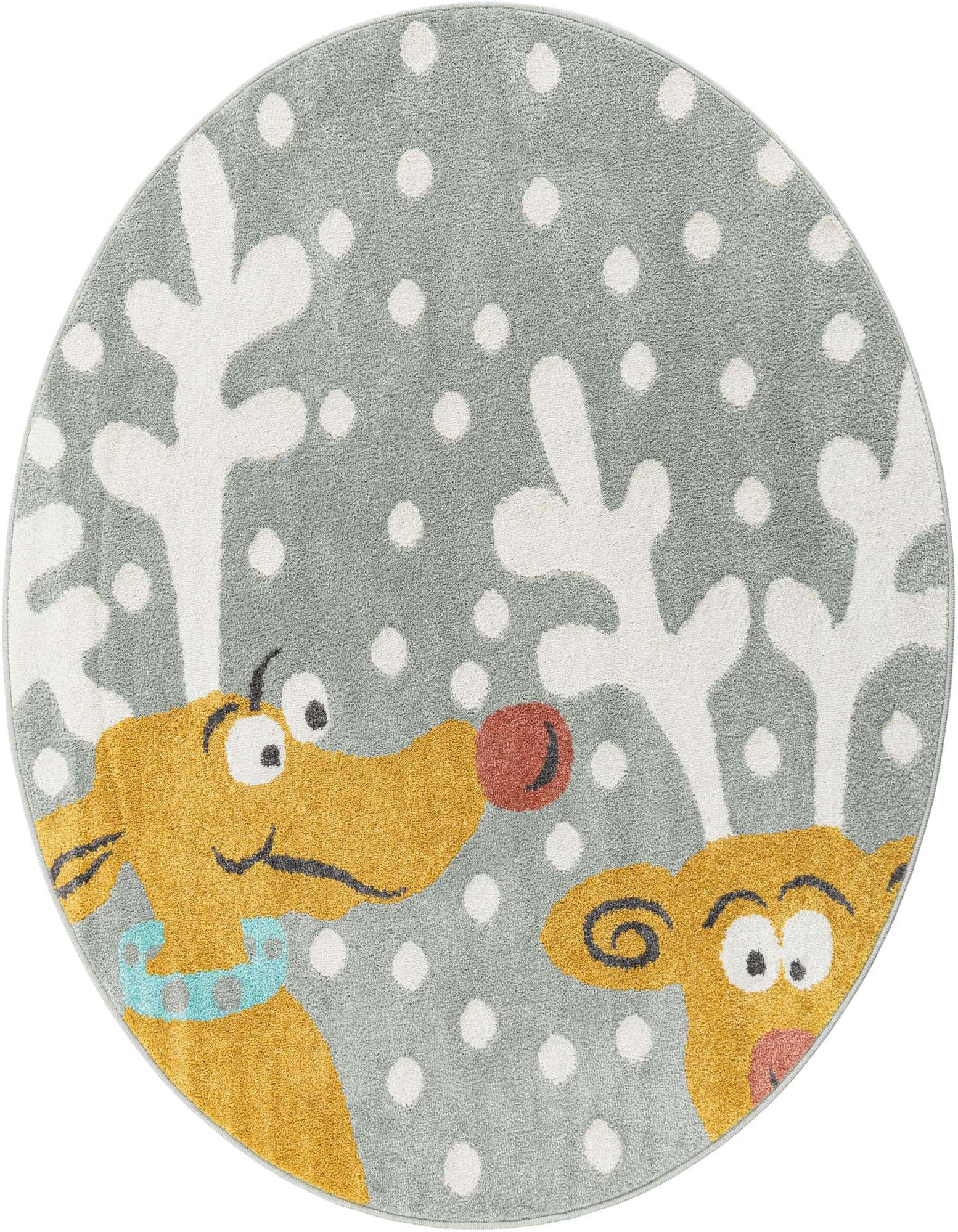 A round gray rug with white polka dots and two cartoon reindeer, one with a red nose and blue collar.