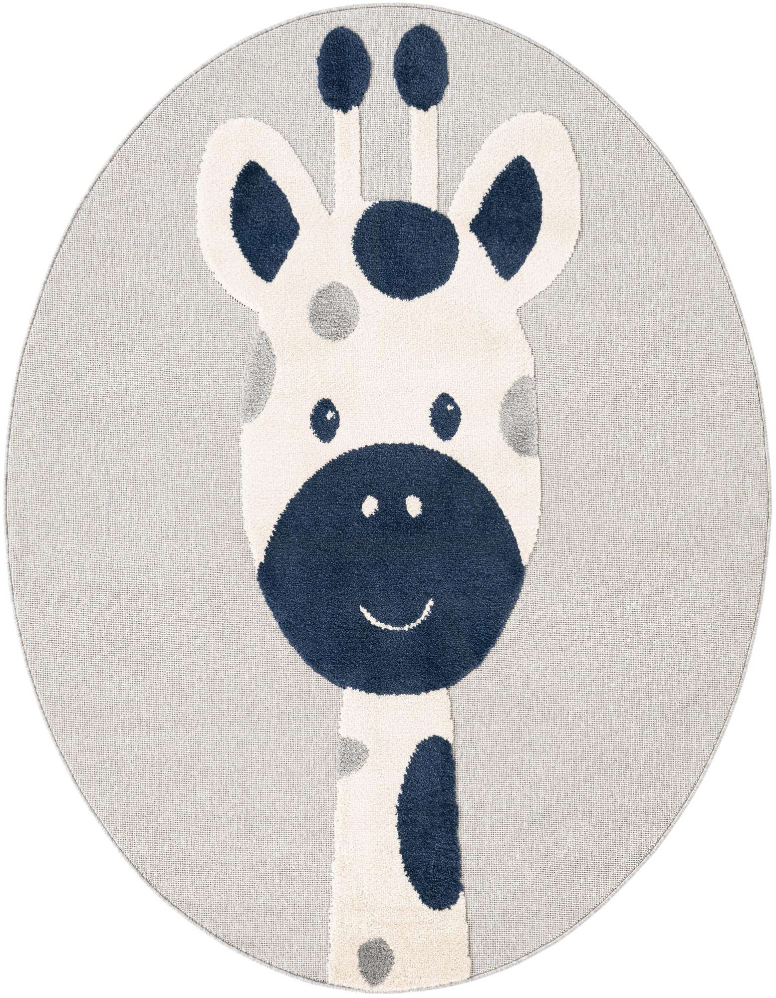 A round gray rug featuring a smiling giraffe head with white, navy blue, and light gray spots, perfect for a child's room.