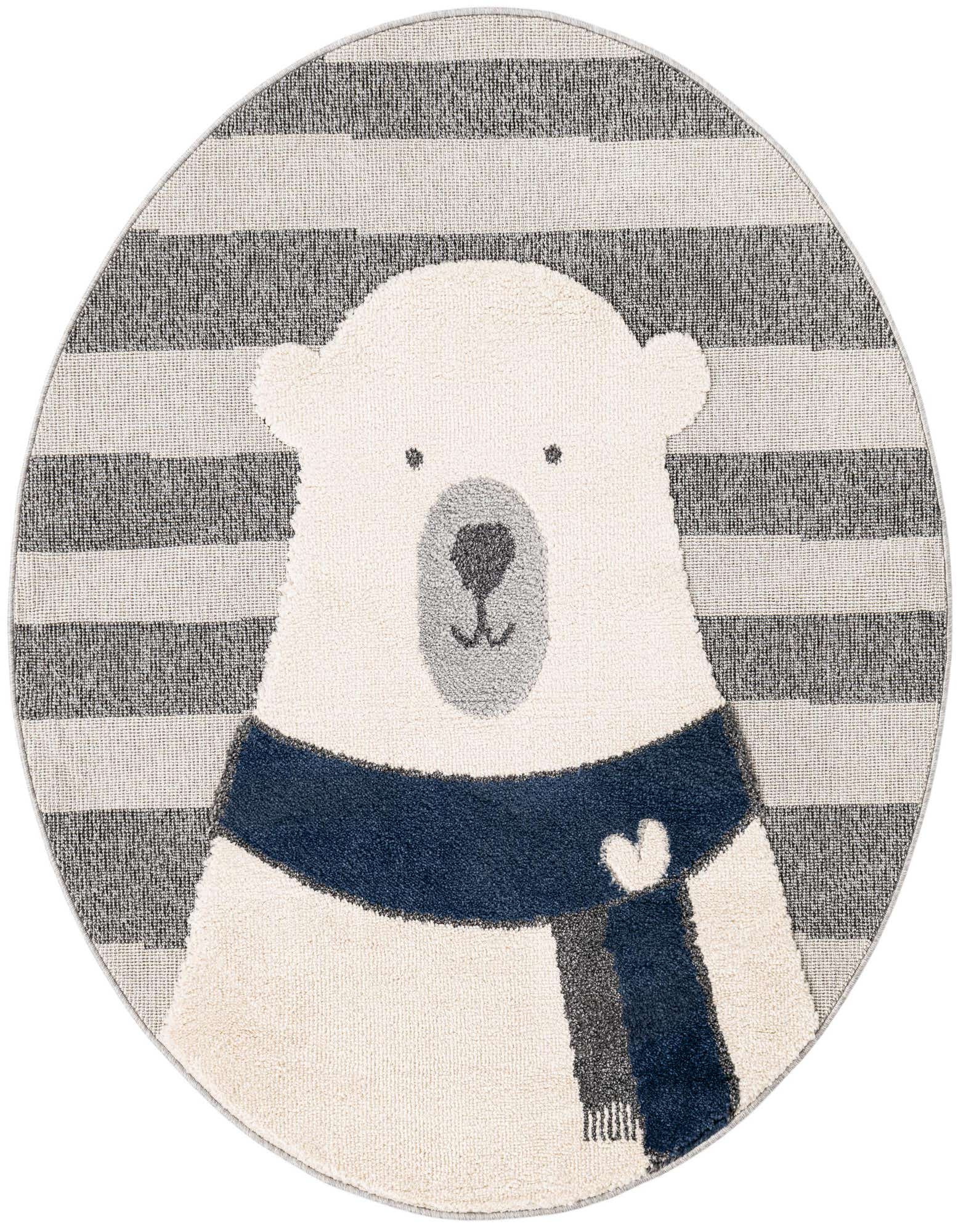 A round gray and white striped rug featuring a friendly polar bear wearing a navy and gray scarf with a white heart.