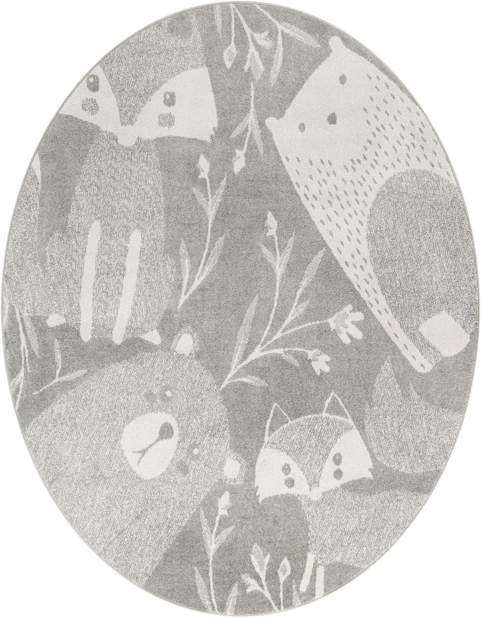 A 7' round gray rug featuring a playful modern design with white bears, foxes, and abstract foliage.