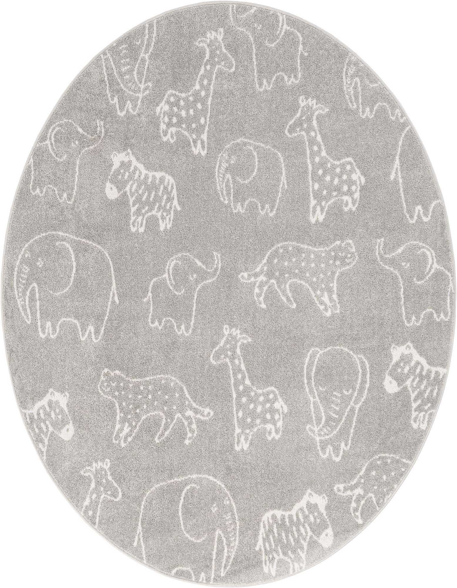 A round gray rug featuring white outlines of various safari animals like elephants, giraffes, and zebras, perfect for a child's room.