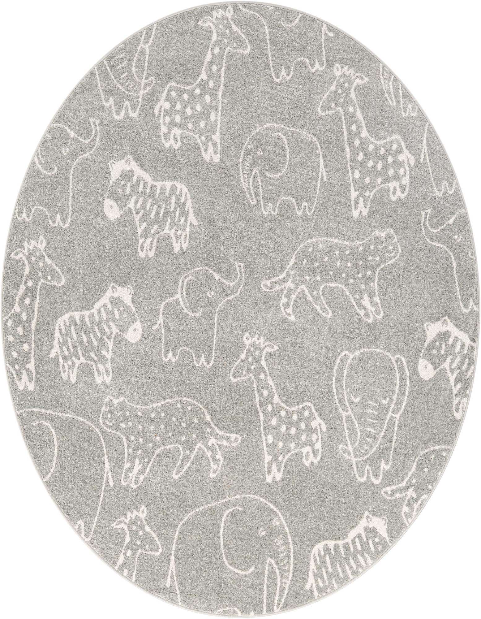 A round gray rug featuring a playful pattern of white outline safari animals like giraffes, elephants, and zebras, perfect for a child's room.