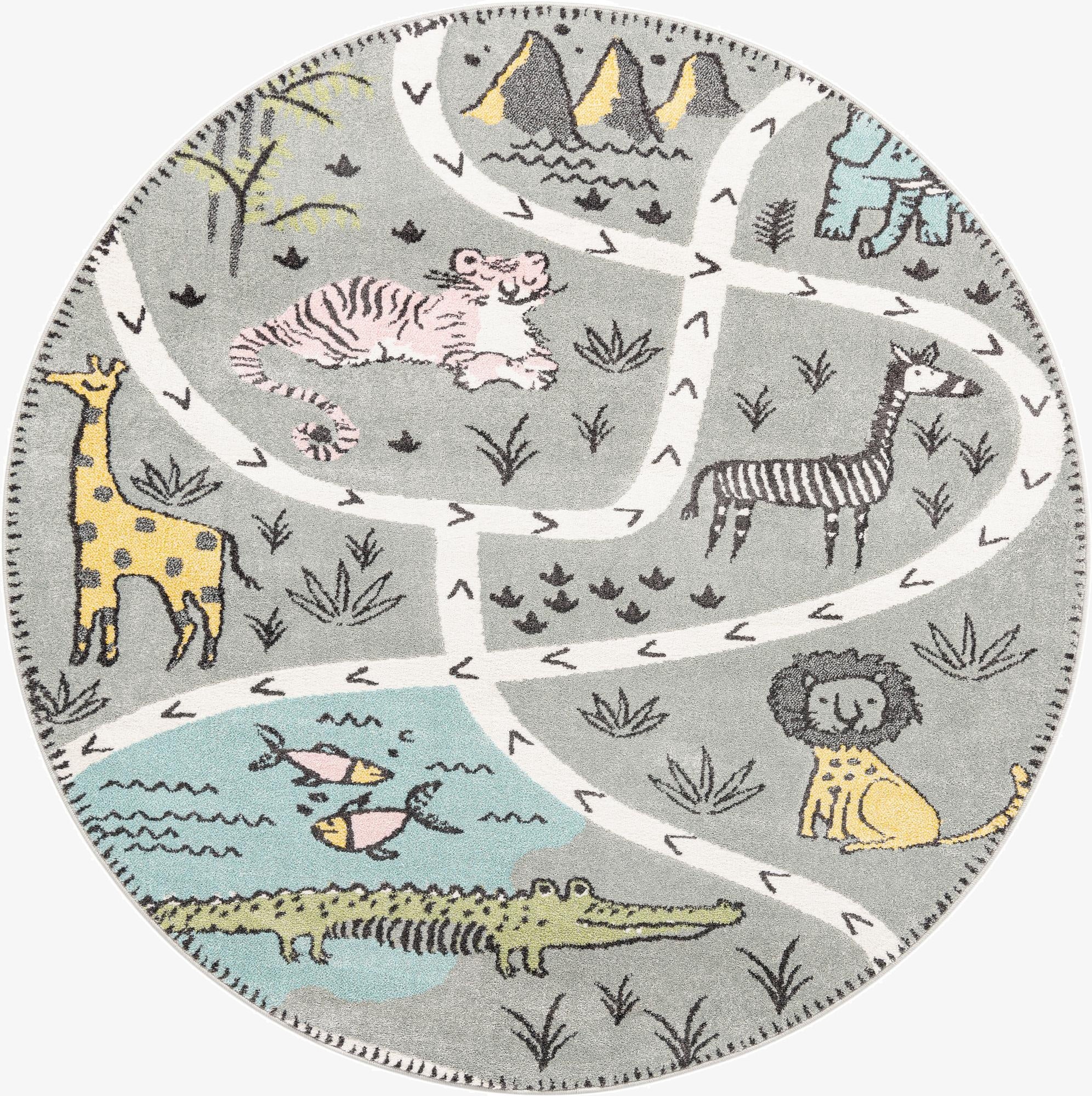  7' 10 x 7' 10 Animals Whimsy Kids Round Rug