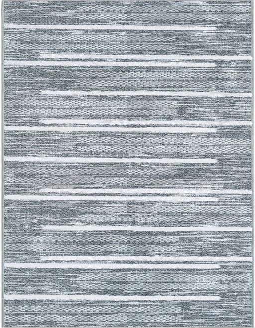 A 10 ft runner rug from the Abbey collection by Rugs.com, featuring a modern gray and silver striped pattern with varying pile heights.