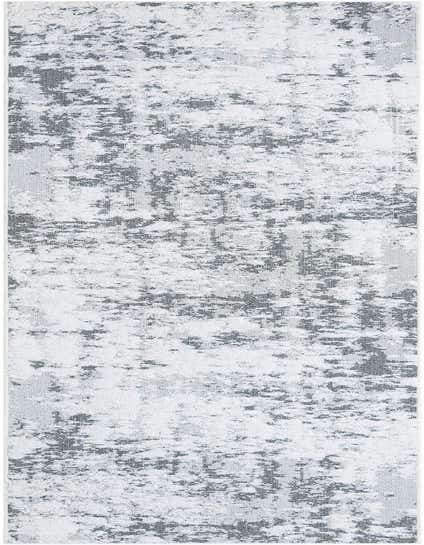 A 12 ft runner rug with an abstract gray and silver pattern on a white background, suitable for a hallway.
