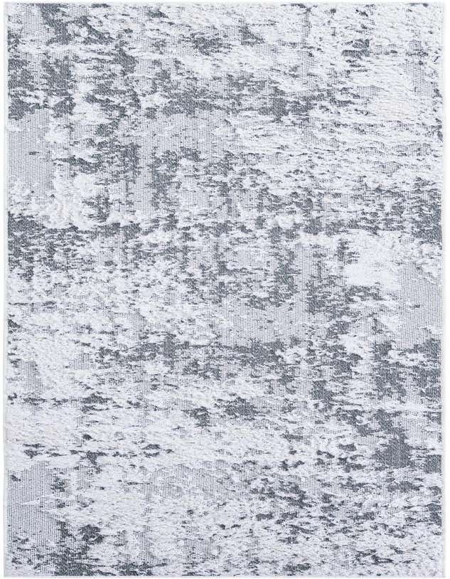 A gray and white abstract runner rug with a textured, high-low pile, perfect for a modern hallway or kitchen.