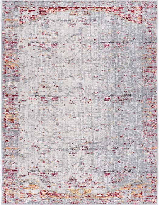 A 10 ft runner rug in gray with distressed bohemian and traditional patterns, featuring accents of red and gold.