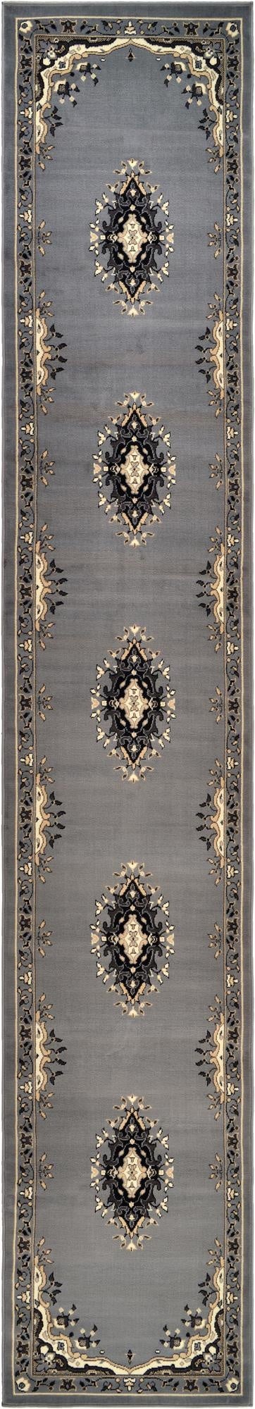 A 16 ft gray runner rug with a traditional oriental medallion pattern in black, cream, and gray, ideal for a hallway.
