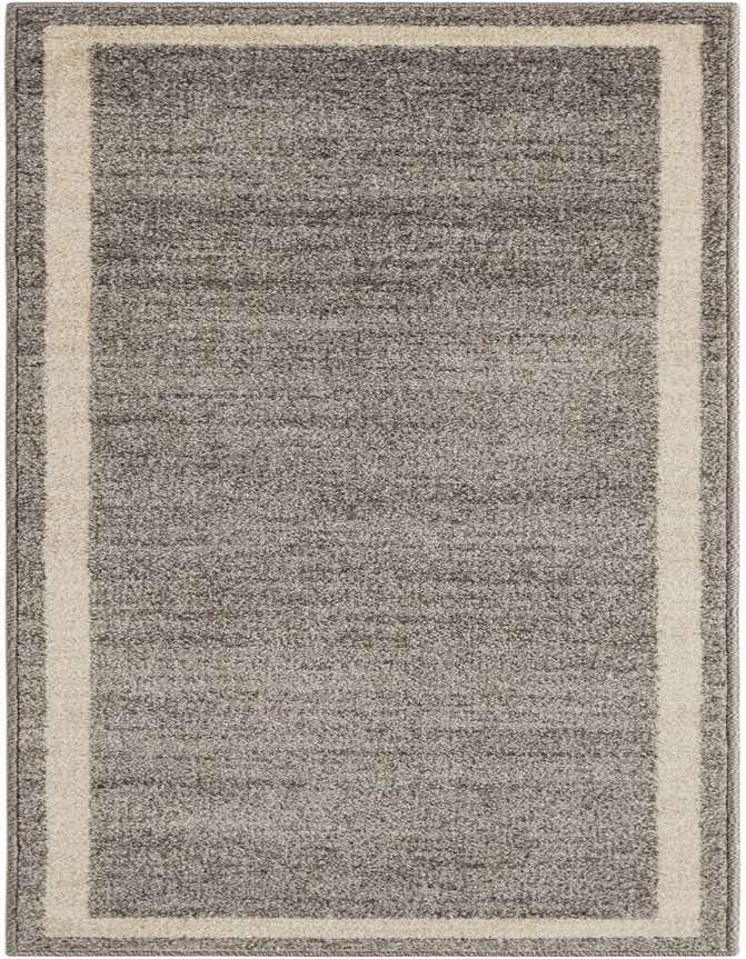 A 6 ft runner rug in shades of gray with a light silver border, suitable for a hallway or kitchen.