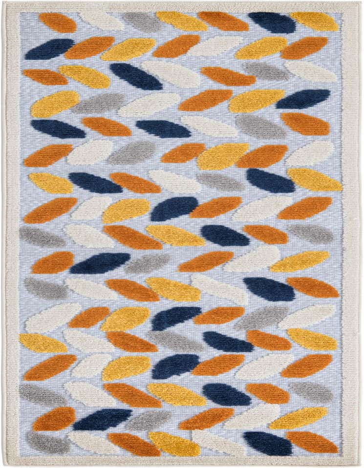 A 6 ft runner rug with a gray background and a modern trellis pattern of textured, colorful leaves in gold, orange, navy, and cream.