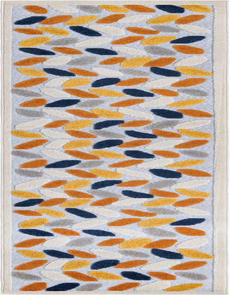 A 10 ft runner rug with a light gray background and a textured trellis pattern in orange, yellow, navy, gray, and cream.