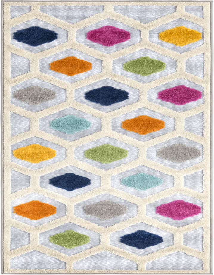 A 6 ft runner rug with a gray background and a cream trellis pattern. Inside each trellis shape are colorful textured diamonds in fuchsia, orange, yellow, green, blue, and light blue.