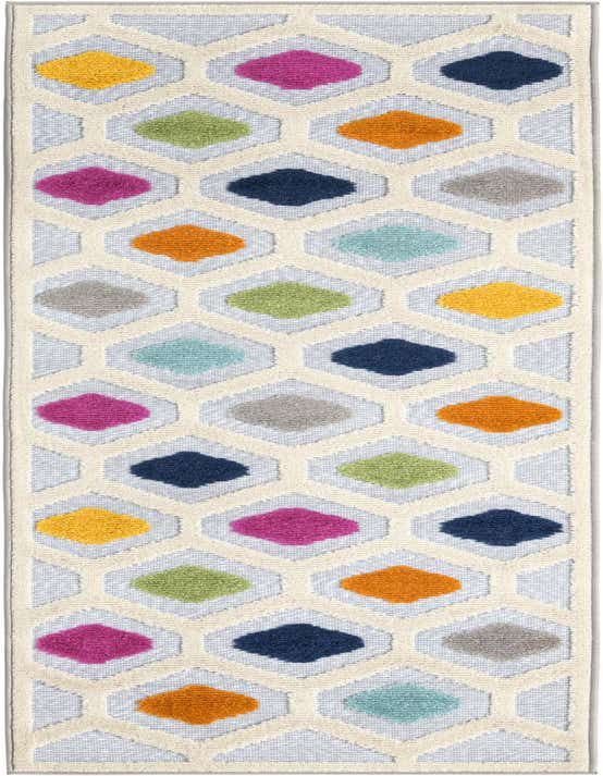 A gray 8 ft runner rug with a cream trellis pattern and colorful bohemian diamond shapes in pink, orange, yellow, green, blue, and gray.