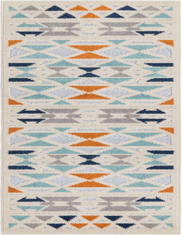 A 6 ft runner rug with a tribal geometric pattern in gray, silver, orange, and blue on a cream background, suitable for a hallway or patio.