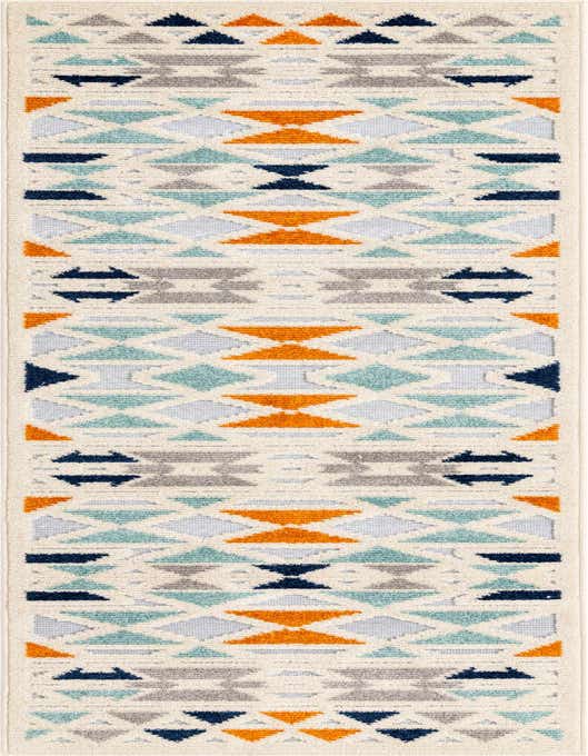An 8 ft runner rug with a gray, orange, blue, and cream tribal geometric pattern, suitable for a hallway or patio.