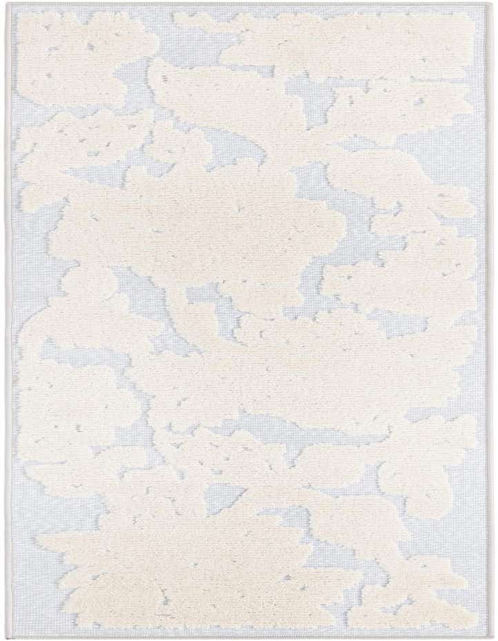 A 6 ft runner rug with a modern botanical pattern in light gray and off-white, featuring a textured, high pile for indoor/outdoor use.