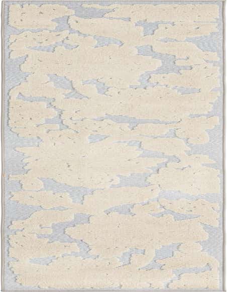 A 10 ft runner rug featuring an abstract botanical pattern in light gray and off-white, suitable for hallways or patios.