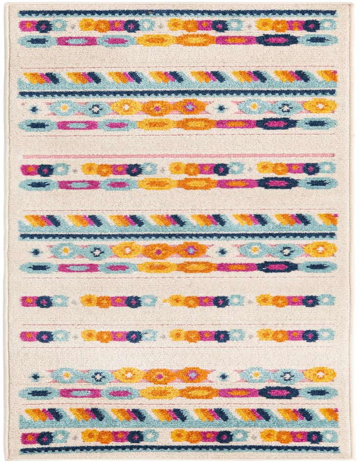 A 6 ft runner rug with a cream background and colorful bohemian stripes in teal, orange, pink, and navy, suitable for a hallway or patio.