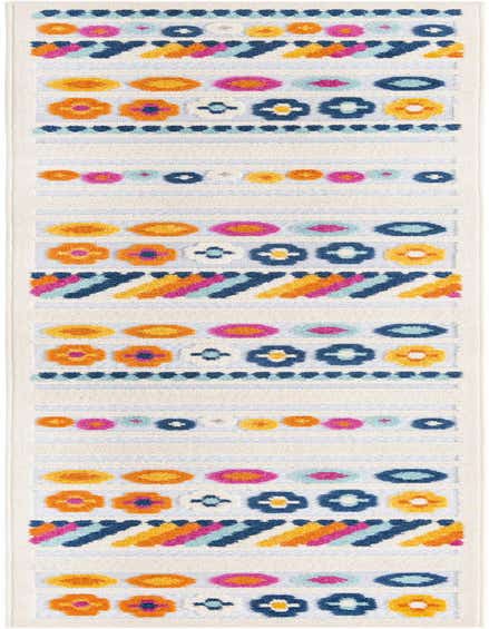 A 10 ft runner rug featuring a vibrant Bohemian pattern with stripes of colorful floral and geometric motifs on a gray background.