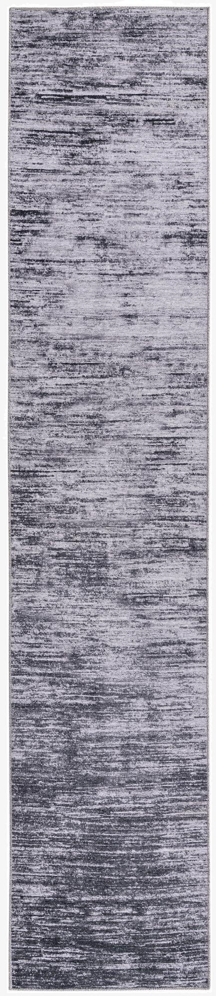 A 12 ft gray runner rug with a modern stripe pattern, perfect for a hallway or entryway.