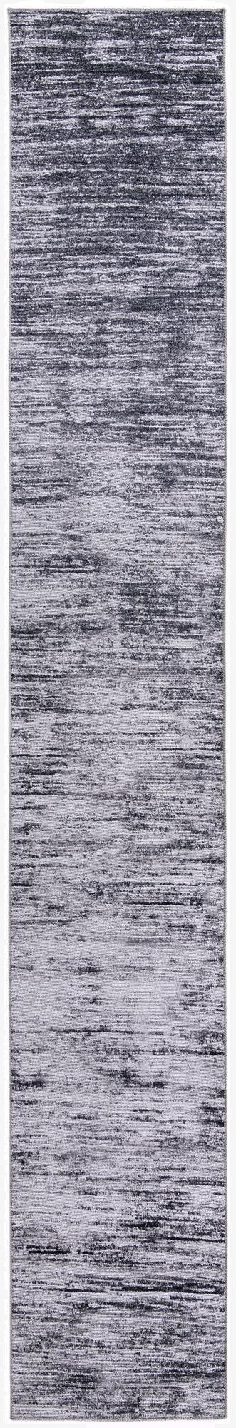 A 16 ft runner rug in shades of gray and silver with a modern, textured stripe pattern, ideal for a hallway.