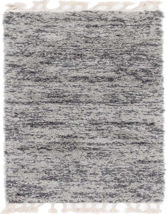 A 6 ft runner rug from the Athena Shag collection, featuring a textured gray and silver shag pile with decorative tassels.