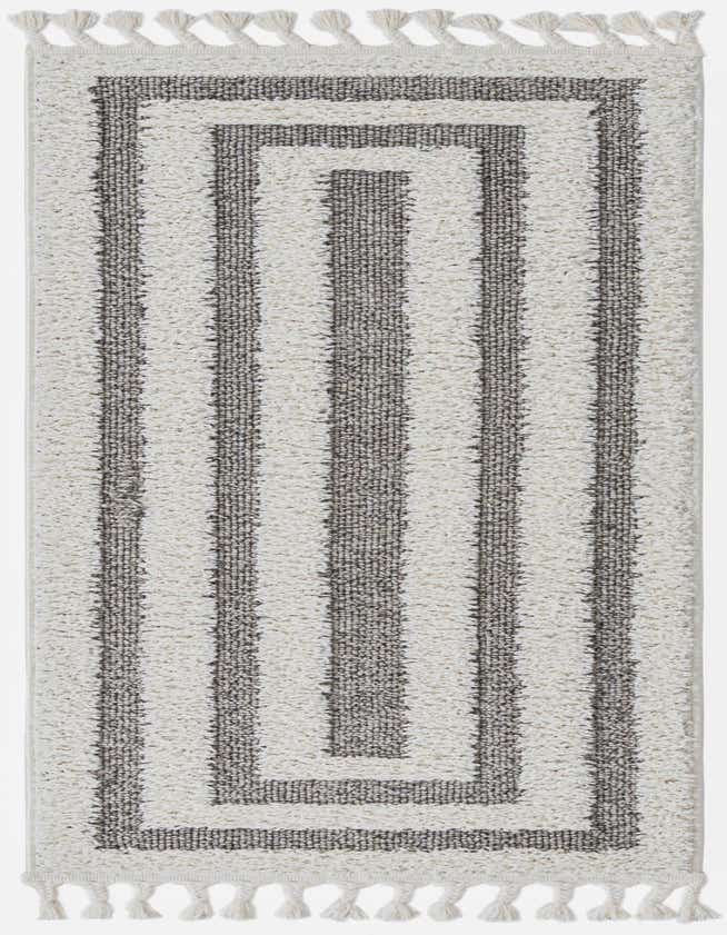 A 6 ft runner rug with a modern gray and white striped pattern, featuring tassels on both ends, ideal for a hallway.