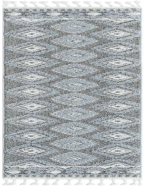 A gray and silver 8 ft runner rug with a textured Southwestern trellis pattern and white tassels.