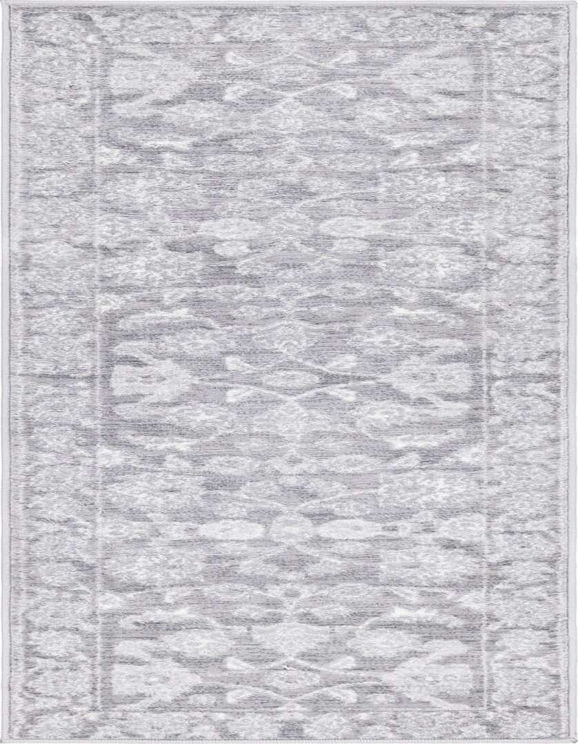 A 6 ft runner rug in shades of gray and silver, featuring a traditional botanical pattern with a textured pile, ideal for a hallway.