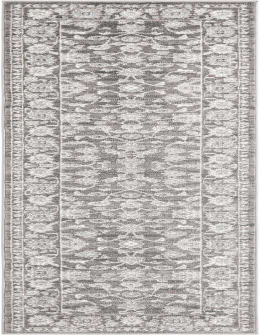 A 10 ft gray runner rug with a distressed traditional floral pattern and a decorative border, suitable for a hallway.