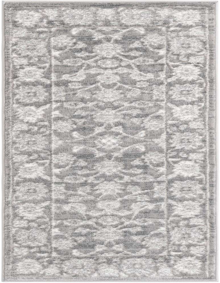 A 5 ft gray runner rug with a faded traditional pattern and subtle border, ideal for a hallway.