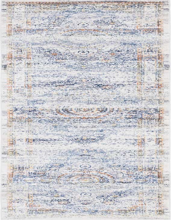 A 10 ft runner rug in grays/silvers with distressed blue, orange, and gold Bohemian medallion patterns, ideal for a hallway.