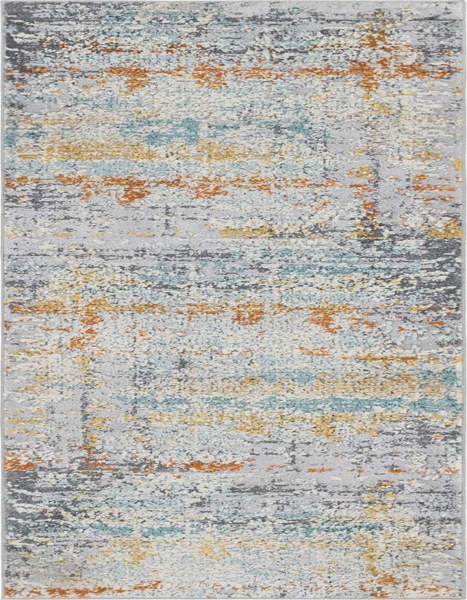 A 6 ft runner rug with a textured, abstract bohemian pattern in shades of gray, silver, light blue, and orange.