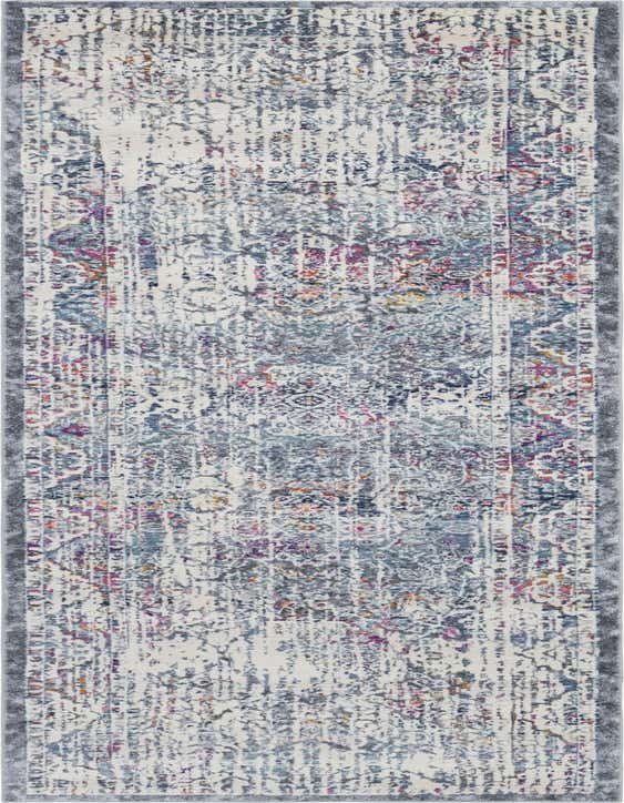A 10 ft runner rug in grays and silvers with a distressed Bohemian medallion pattern, ideal for a hallway.