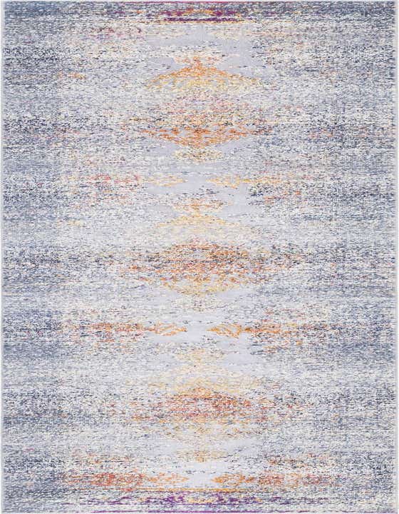A 9 ft runner rug from the Budapest collection featuring a distressed gray and silver base with bohemian-style orange, yellow, and purple medallion patterns, ideal for a hallway.