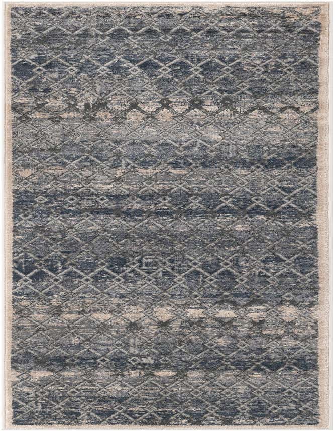 A 6 ft runner rug with an urban distressed trellis pattern in shades of gray and silver, featuring a textured pile.