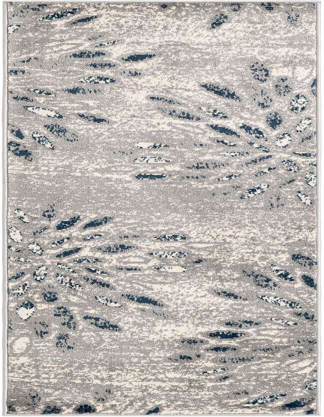 A 6 ft runner rug with a modern floral pattern in shades of gray, silver, and dark blue on a light background, ideal for a hallway.