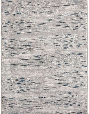 A long 16 ft runner rug in shades of gray and silver with a modern floral pattern featuring dark blue accents, ideal for a hallway.