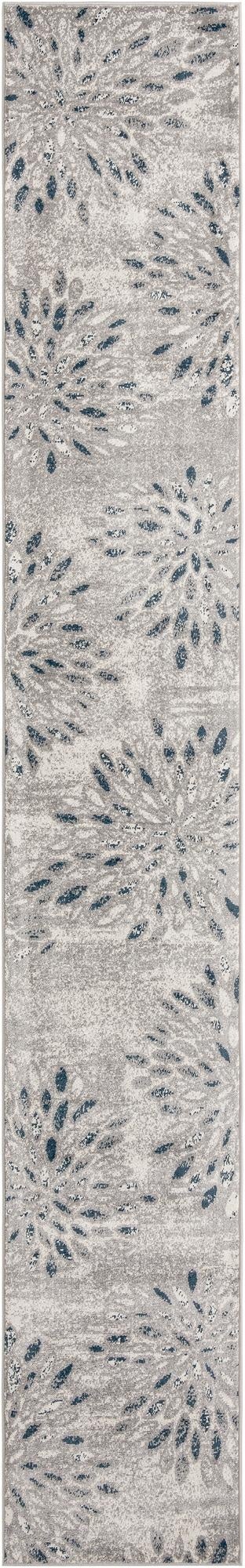 A long 16 ft runner rug in shades of gray and silver with a modern floral pattern featuring dark blue accents, ideal for a hallway.