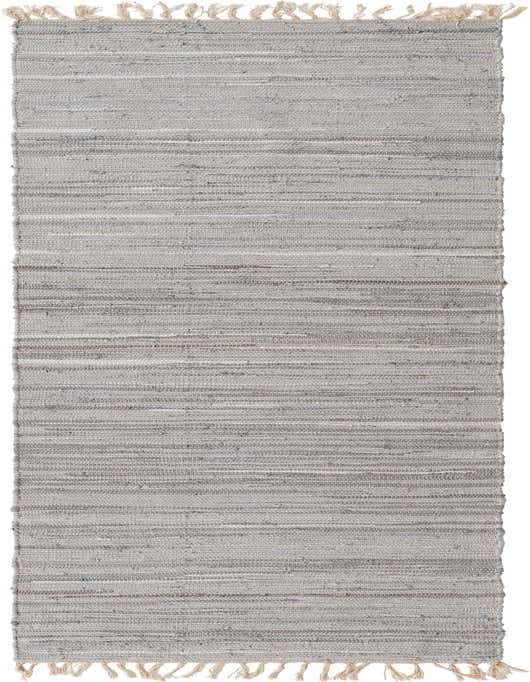 A 10 ft gray runner rug with a striped, flatweave texture and natural fringe on a white background.