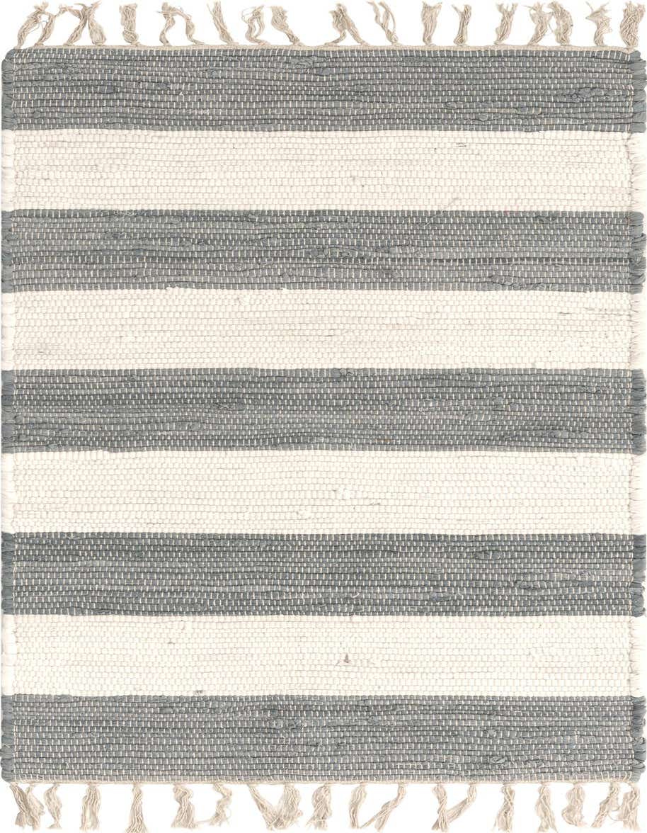 A 4 ft gray and white striped Chindi Rag runner rug with tassels, showcasing its flatweave texture.