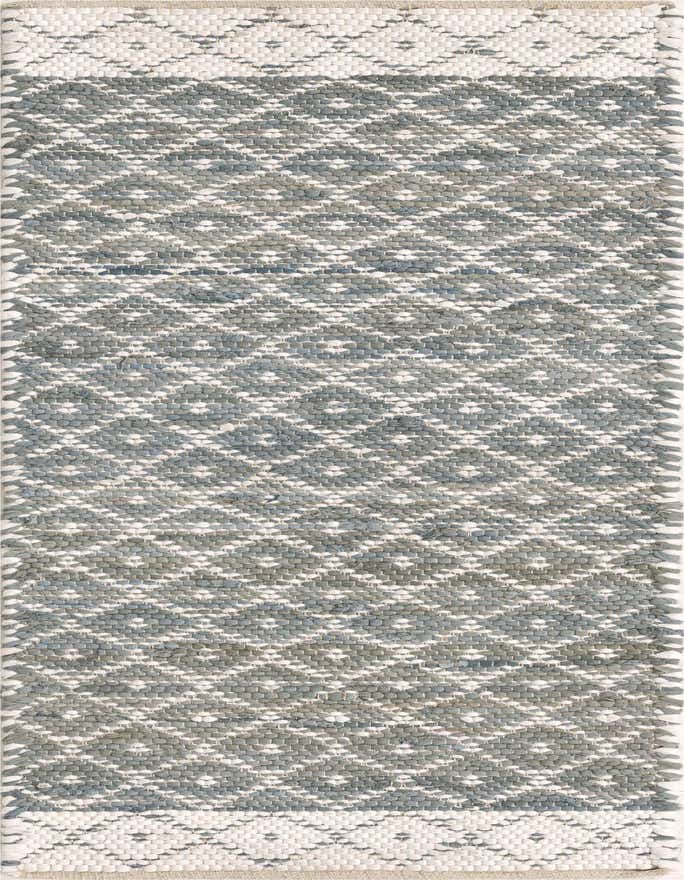 A gray and white Chindi Trellis runner rug with a geometric diamond pattern, made from jute, suitable for a hallway or kitchen.