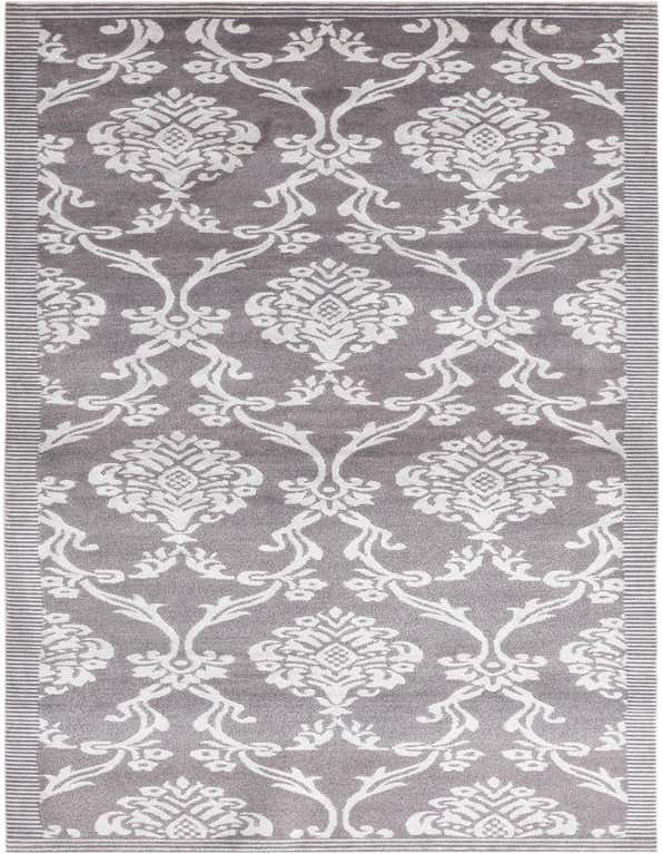A 10 ft runner rug in shades of gray and silver, featuring a high-pile modern oriental damask pattern with striped borders.