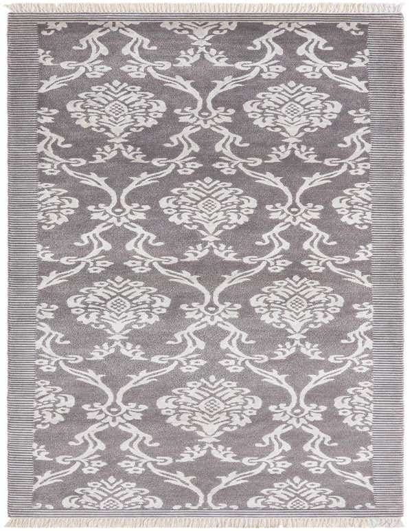 A 10 ft runner rug in shades of gray and silver, featuring a high pile and a modern Persian damask pattern with striped borders and fringe.