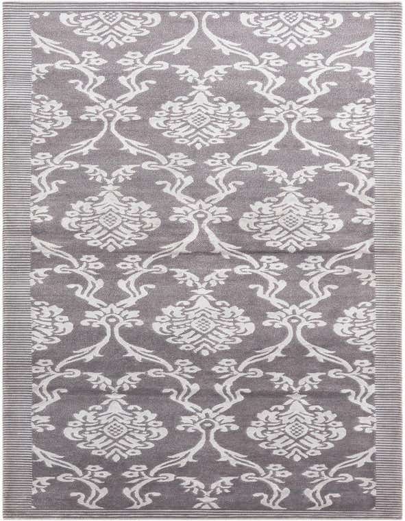 A 10 ft runner rug in shades of gray and silver, featuring a high pile and a modern Persian damask pattern with striped borders, ideal for a hallway.
