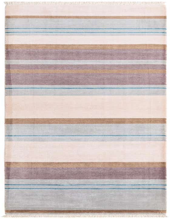 A handmade Darya 10 ft runner rug featuring modern stripes in varying shades of gray, silver, brown, and light blue, with fringe.