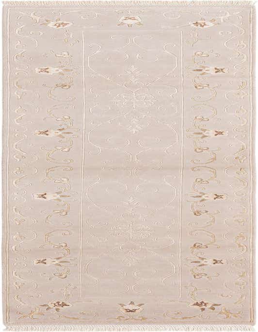 A 10 ft runner rug in light gray with an intricate modern Persian pattern in lighter gray and subtle gold accents.