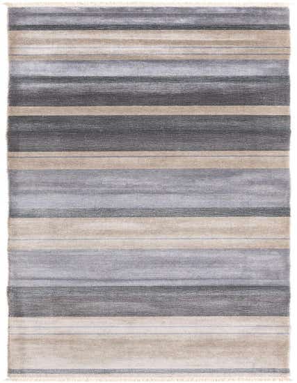 A handmade 13 ft Darya runner rug featuring horizontal stripes in varying shades of gray, silver, and beige, with short white fringe.